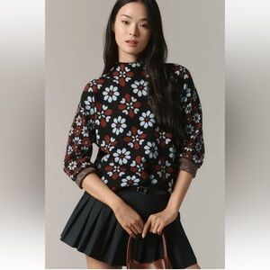 Maeve for Anthropologie The Carys Mock Neck Sweater Flower Mod 70’s Nature
